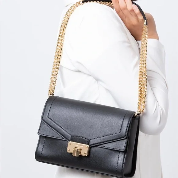 Michael Kors Kinsley Black Leather Crossbody Bag Gold Chain Classic Purse Medium - Picture 8 of 8